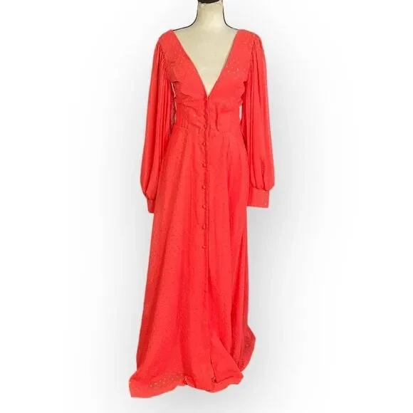 Kimberly Goldson Lesli Clip Dot Long Sleeve Maxi Dress Women's Small Coral NWOT - Picture 2 of 12